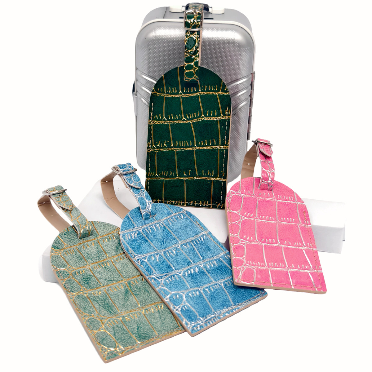 Luggage Tag Leather - Crocodilo em relevo ouro/prata cor borda
